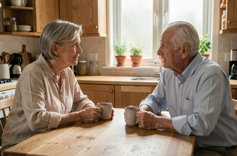 Une femme accompagne un parent âgé autour d'une table de cuisine en bois, illustrant l'accompagnement familial au quotidien