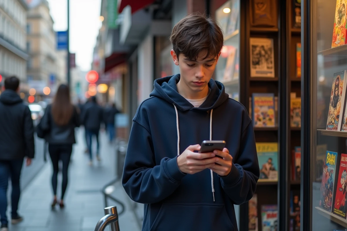 Adolescent lisant manga sur son téléphone dans une rue animée