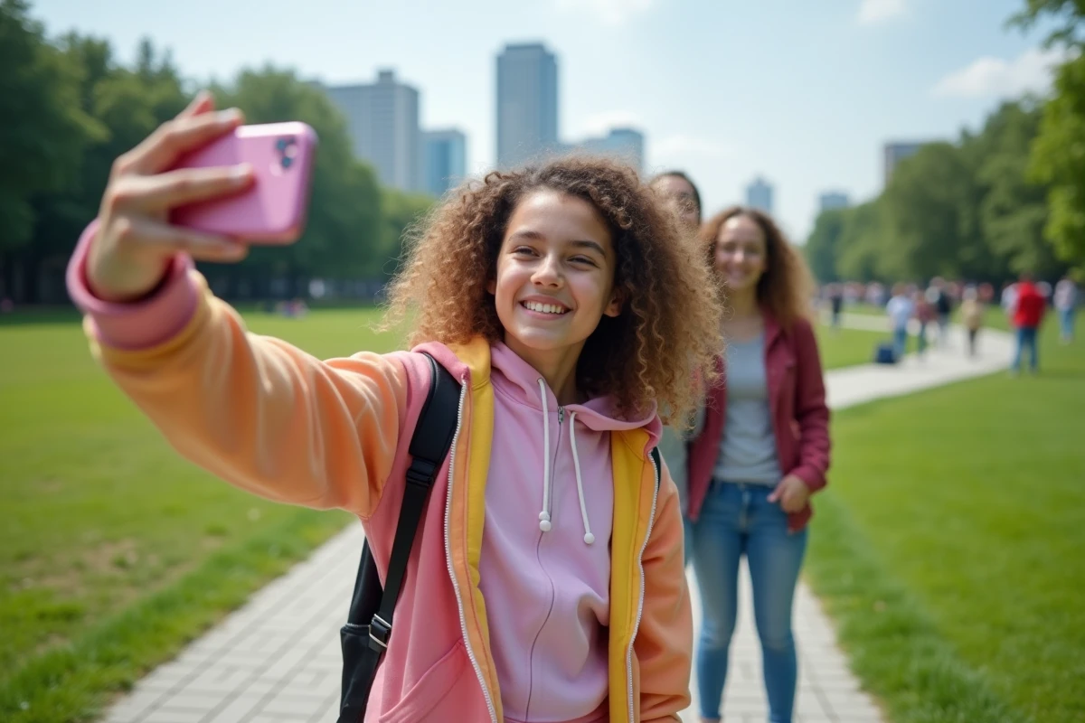 Adolescente prenant un selfie dans un parc urbain