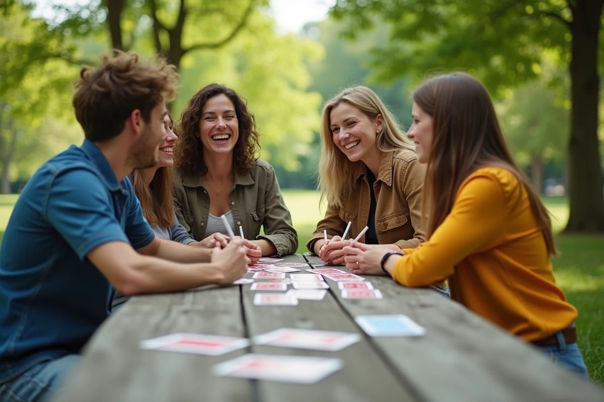 Quatre amis jouent aux cartes en plein air dans un parc ensoleille