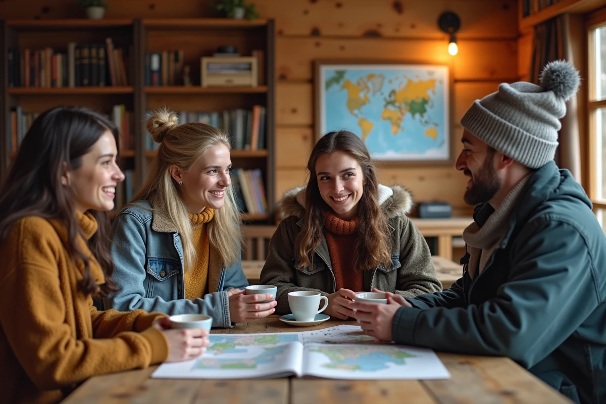 Groupe d amis discutant dans une cabane de montagne