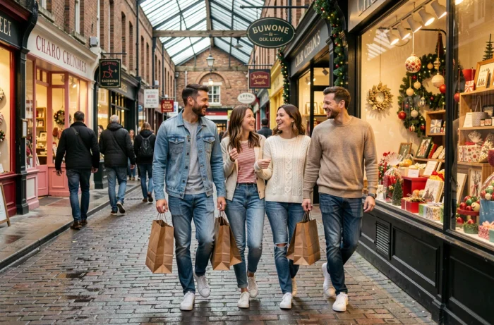 Group of friends shopping in an urban covered market with artisan gift shops and colorful displays