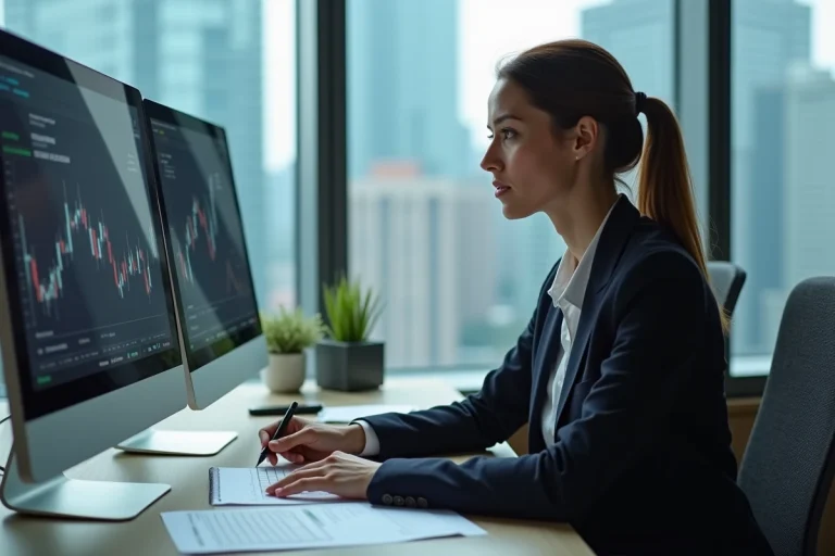 Analyste financier femme concentrée devant un écran de graphique