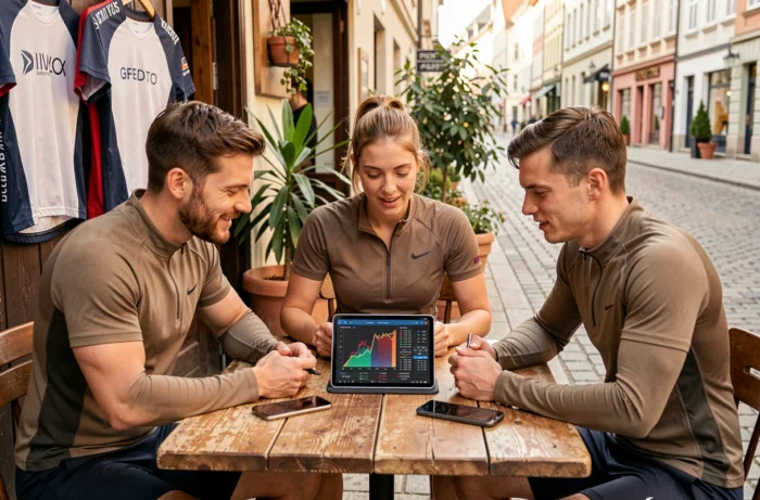 Group of athletes analyzing sports performance data on tablet and smartphone at a café terrace