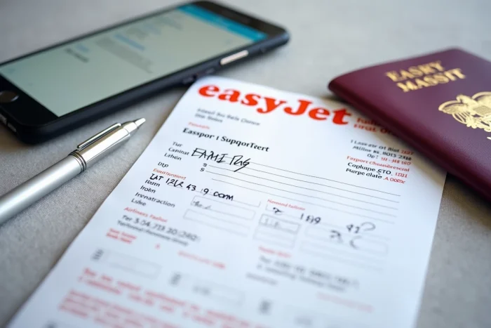 Gros plan sur un billet d'avion avec correction de nom, passeport et smartphone pour modifier une réservation EasyJet