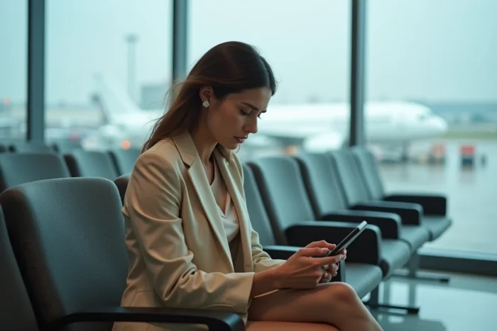 Femme consultant son smartphone pour modifier un billet d'avion dans un salon d'aéroport moderne