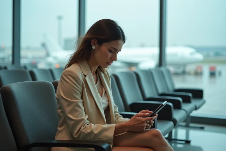 Femme consultant son smartphone pour modifier un billet d'avion dans un salon d'aéroport moderne
