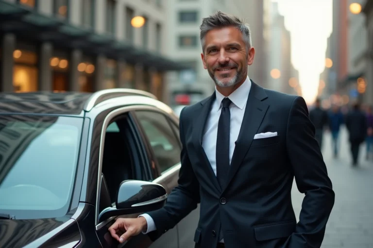 Chauffeur professionnel en costume devant une voiture de luxe en ville