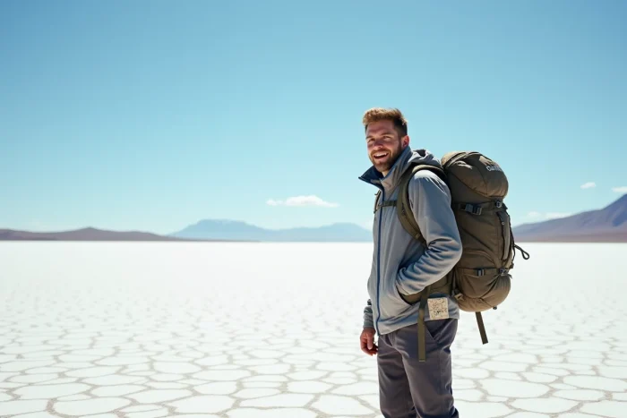 Un randonneur solitaire sur les salines de l'Atacama au Chili avec des volcans à l'horizon et une carte de Patagonie dépassant de sa poche