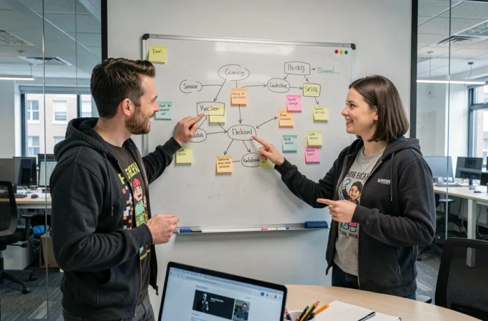 Two geek professionals collaborating on a sitemap drawn on a whiteboard in a startup meeting room
