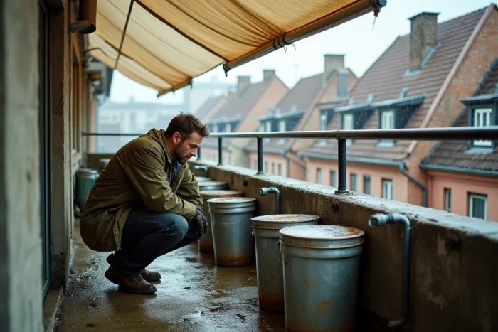 Homme vérifiant un dispositif de collecte d'eau de pluie sur un balcon urbain avec des contenants récupérés et une bâche tendue