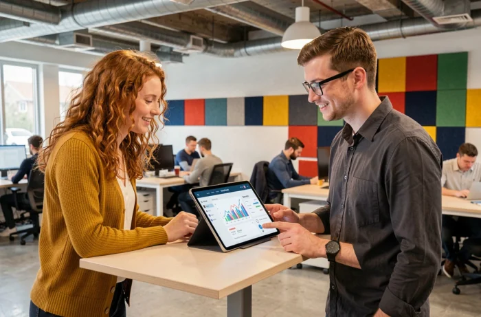 Two young professionals analyzing digital trends and news together on a tablet in a co-working space