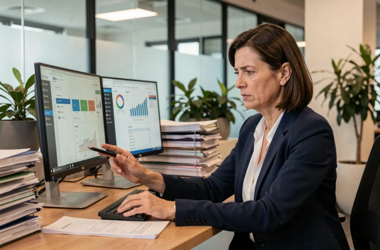 Responsable RH comparant deux logiciels de gestion RH sur écrans doubles dans un bureau moderne