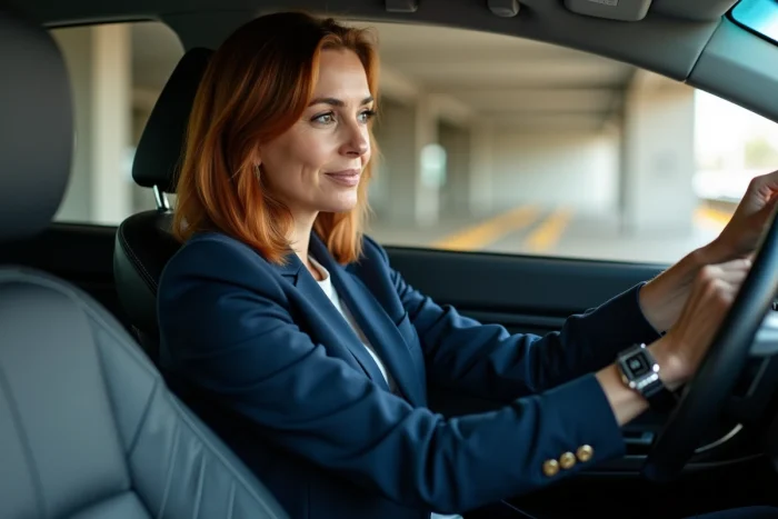 Femme conductrice en train de sélectionner la position B sur la boîte automatique d'une berline hybride dans un parking