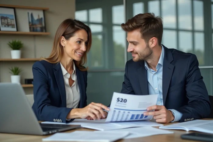 Conseillère immobilière expliquant les conditions d'éligibilité au PSLA à un jeune client dans un bureau professionnel
