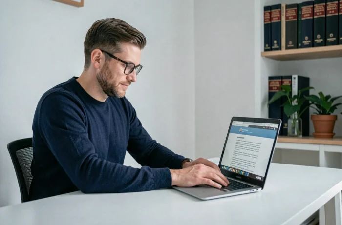 Hombre consultando las menciones legales de un sitio web en su ordenador portátil en una oficina en casa