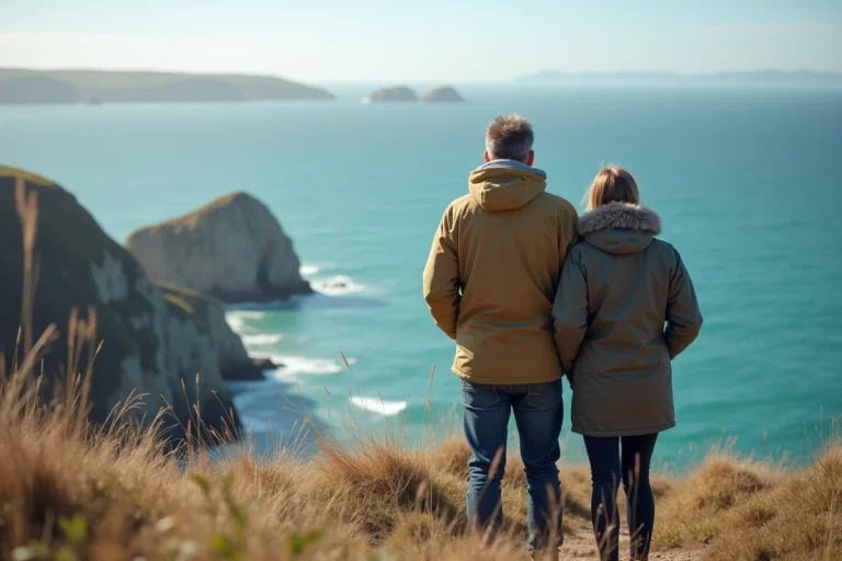 Couple regardant l'horizon sur la côte bretonne