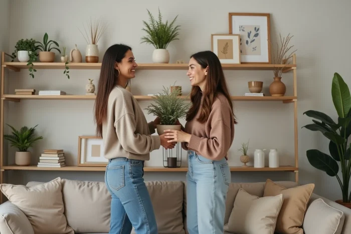 Couple arrangeant des plantes et des cadres sur une étagère en bois dans un salon de style scandinave lors d'une séance de décoration intérieure