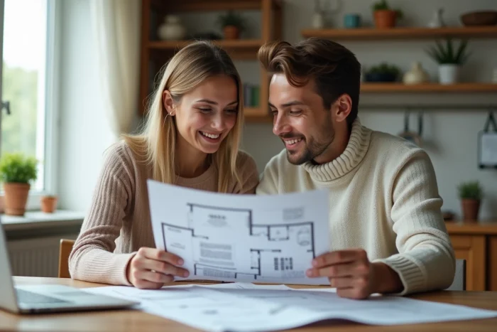 Jeune couple examinant des documents de prêt social location-accession autour d'une table en bois dans un appartement modeste