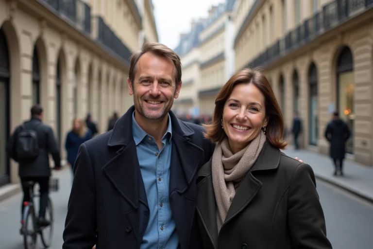 Couple souriant dans une rue parisienne authentique