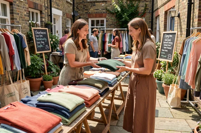 Dos mujeres intercambiando ropa durante un evento de trueque comunitario al aire libre, ilustración de la moda circular y responsable