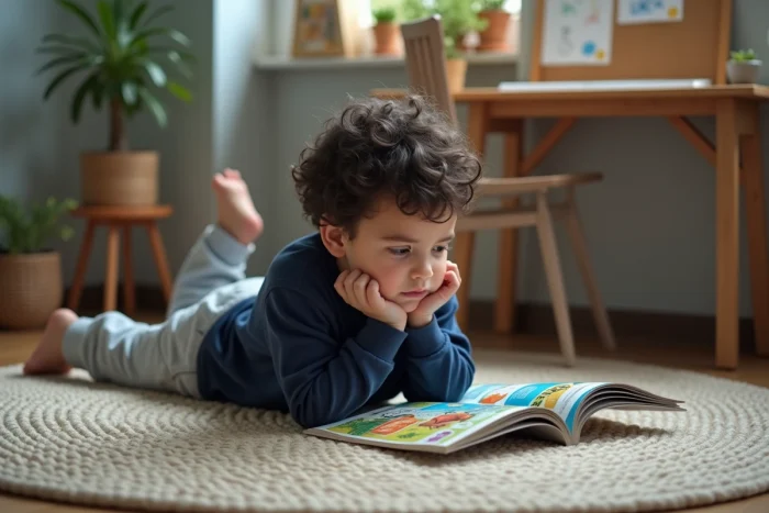 Enfant allongé sur un tapis lisant attentivement un magazine éducatif illustré sur les sciences et la nature, dans une chambre chaleureuse