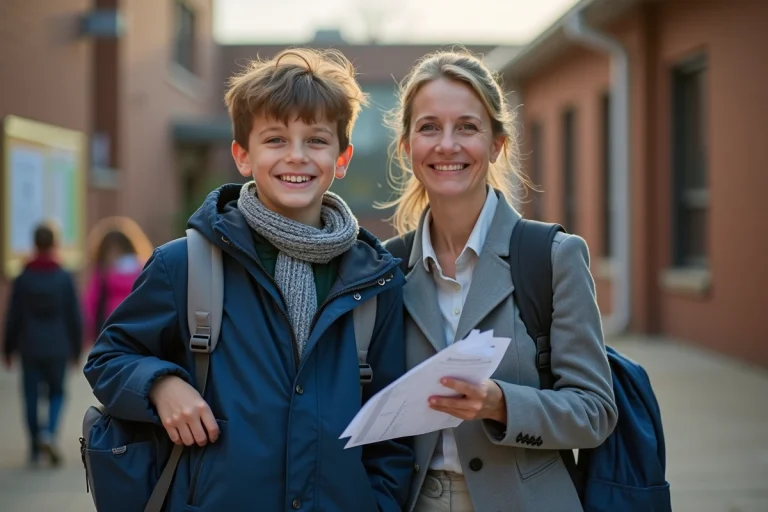 Garçon souriant avec sac à dos et permission à l'école
