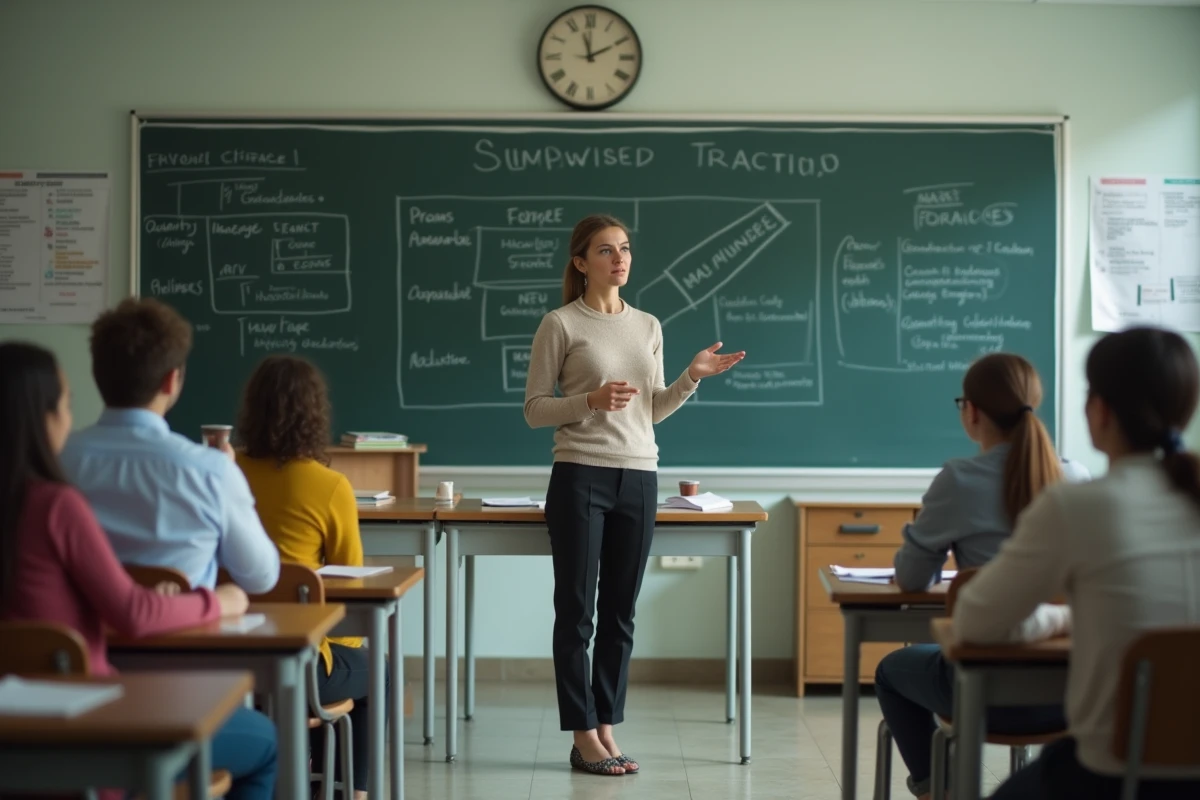 Jeune enseignante expliquant un concept devant la classe