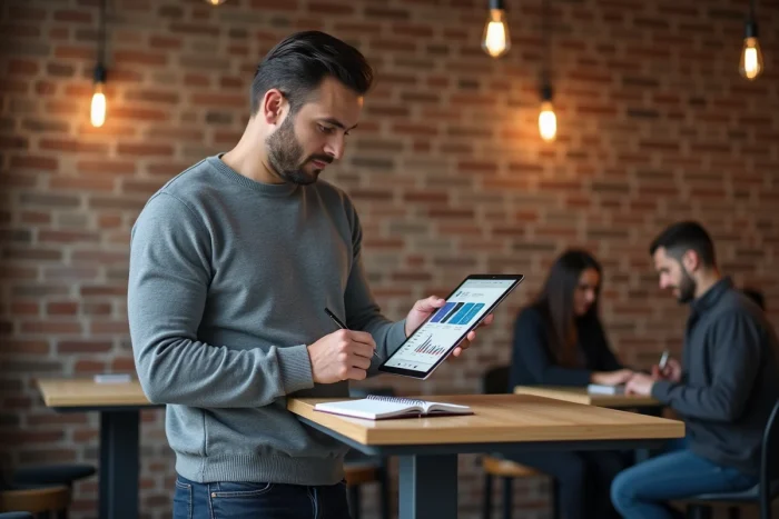 Entrepreneur masculin suivant une formation en ligne innovante dans un espace de coworking moderne