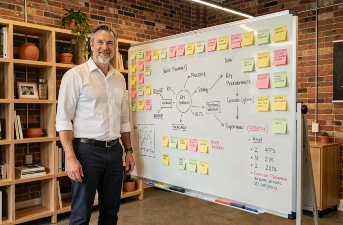 Entrepreneur presenting a business strategy on a whiteboard in a coworking space