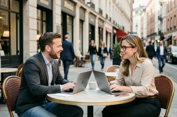 Two entrepreneurs discussing business advice and strategies on an urban terrace in 2024