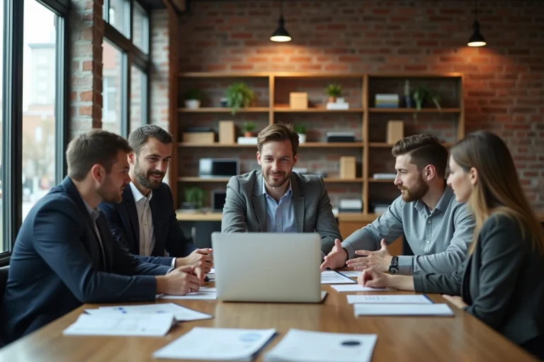 Groupe de professionnels collaborant dans une agence web moderne