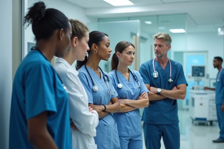 Groupe de professionnels de santé autour d'un appareil digital