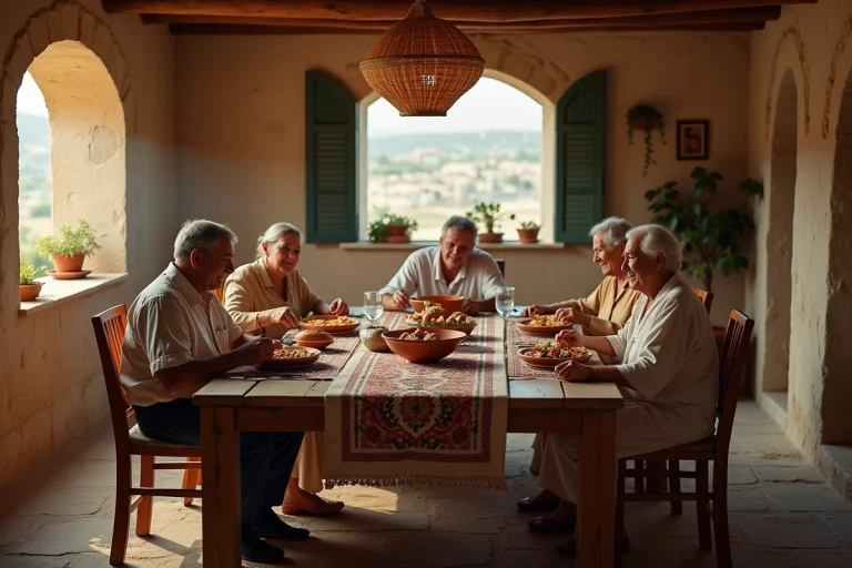 Famille multigénérationnelle réunie autour d'un repas traditionnel dans une maison rurale méditerranéenne illustrant les liens familiaux intergénérationnels