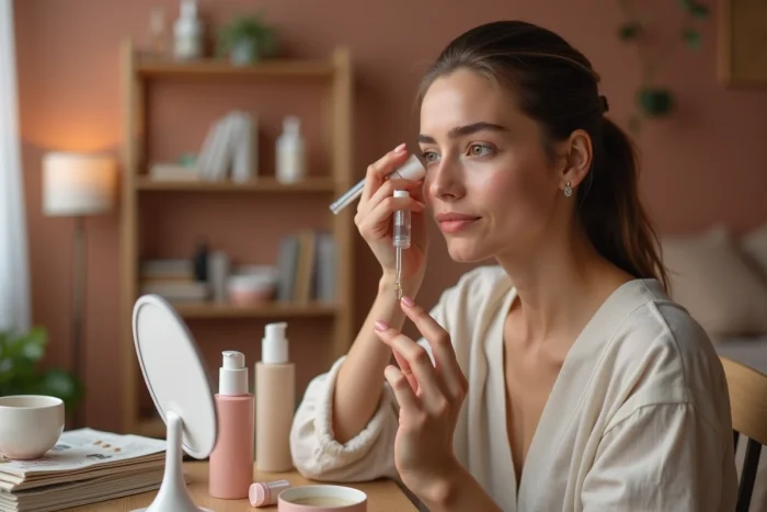 Jeune femme appliquant un sérum visage devant son miroir de vanité en bois entourée de produits de beauté soigneusement rangés