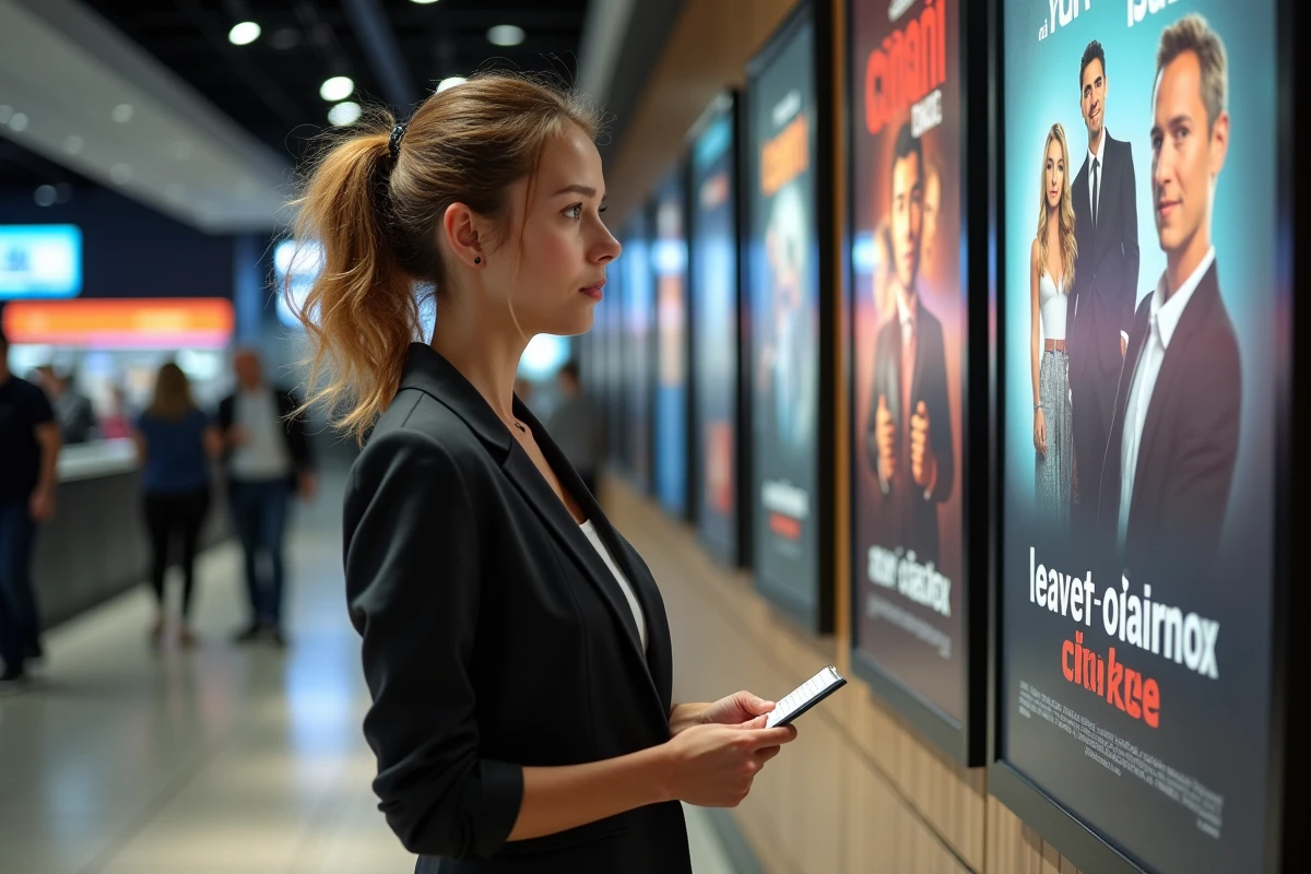 Jeune femme au comptoir de cinéma regardant une affiche publicitaire