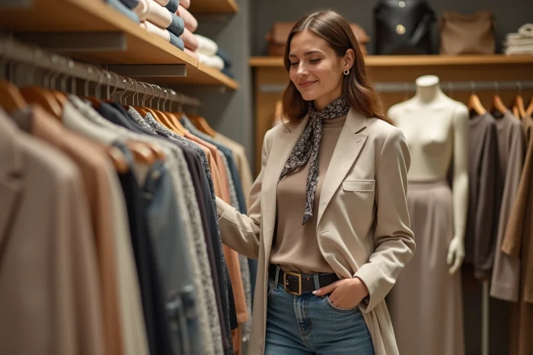 Jeune femme choisissant des vêtements dans une boutique chic