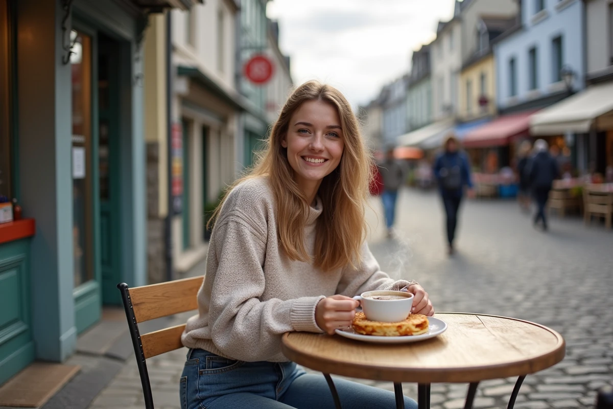 Jeune femme dégustant une crêpe en village breton