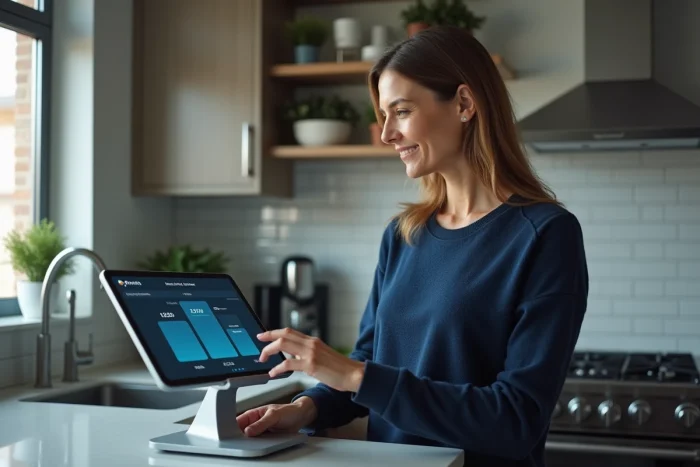 Femme comparant les tarifs des options gratuites et payantes de la plateforme Tuya sur une tablette en cuisine connectée