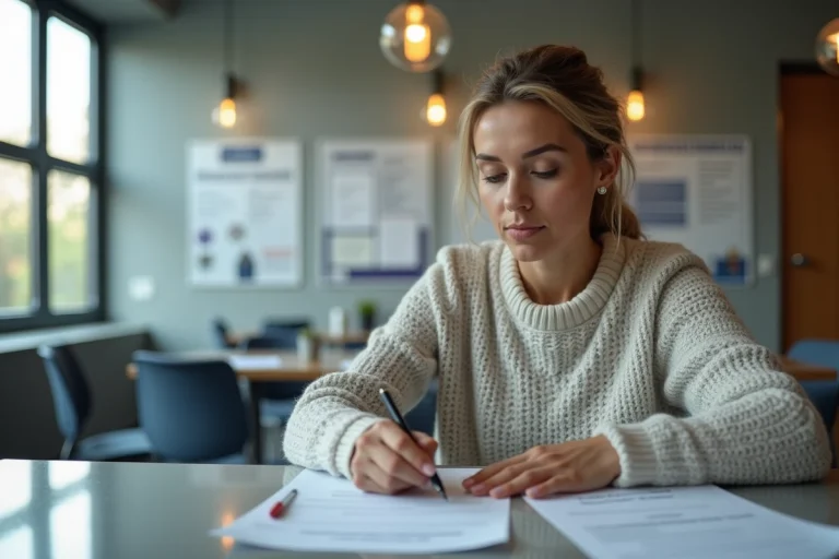 Femme en jeans remplissant un formulaire d'admission scolaire