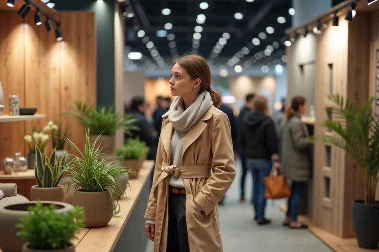 Femme élégante examine une décoration intérieure lors d'une exposition
