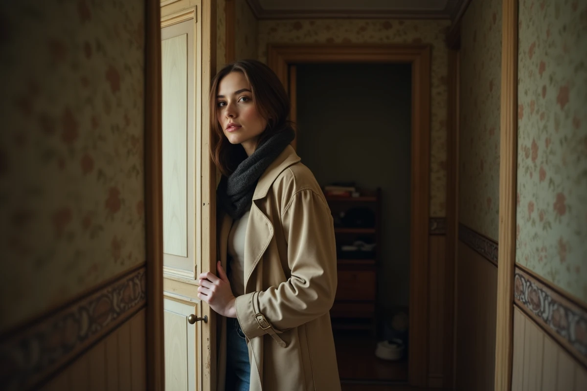 Femme ferme la porte de son appartement en intérieur