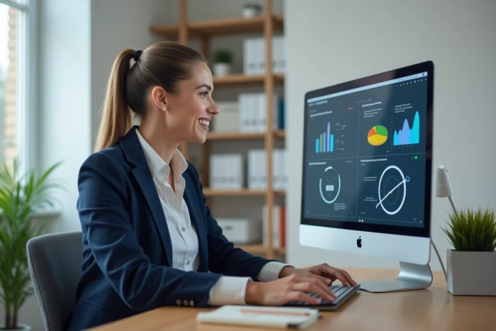 Femme suivant une formation business en ligne sur son ordinateur dans un bureau moderne à domicile