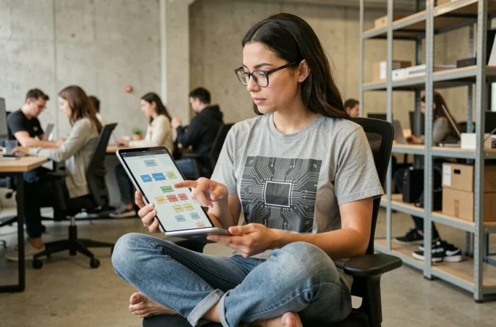 A geek woman analyzing a hierarchical sitemap on a tablet in a modern tech coworking space