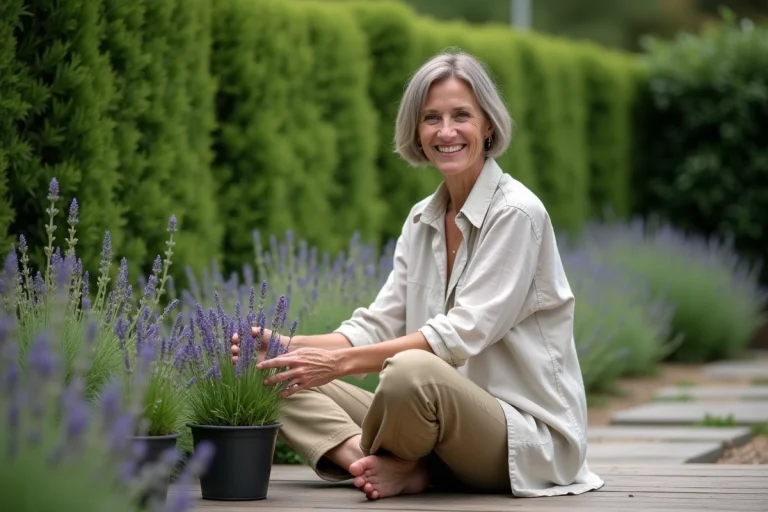 Femme d'âge moyen dans un jardin avec lavande