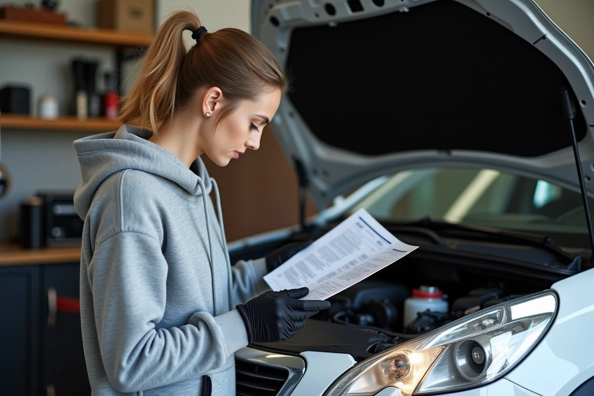 Femme lisant un manuel pour changer un phare de Peugeot 2008