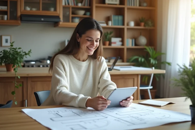 Femme lisant des plans de maison sur une tablette dans un salon lumineux
