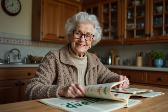 Femme âgée lisant un catalogue Quelle dans une cuisine chaleureuse