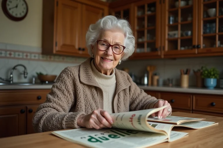 Femme âgée lisant un catalogue Quelle dans une cuisine chaleureuse