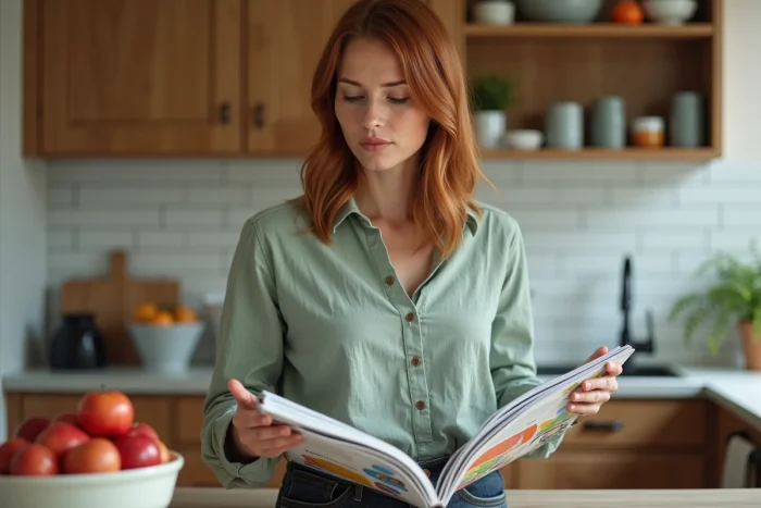 Femme parcourant des magazines jeunesse à contenu créatif et culinaire posés sur un comptoir de cuisine moderne en bois clair